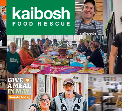 Collage of several photos of people at Kaibosh and partners, with boxes of rescued kai. Kaibosh logo at top of image.