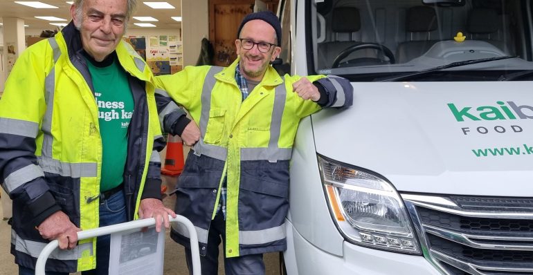 Kaibosh Food Rescue Drivers standing next to Kaibosh van at the Kaibosh Wellington depot.