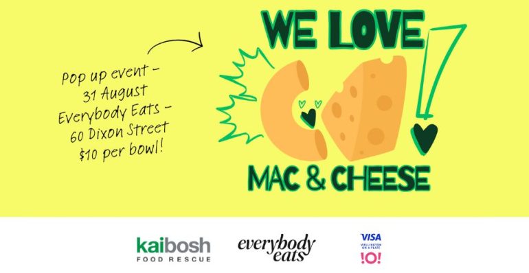Yellow banner for We Love Mac 'n' Cheese event on 31 August 2025 at Everybody Eats, 60 Dixon Street, Wellington.